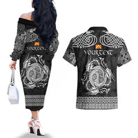 Personalized Anglesey Ynys Mon Couples Matching Off The Shoulder Long Sleeve Dress and Hawaiian Shirt Black Standing Stone Celtic-inspired - Wonder Print Shop