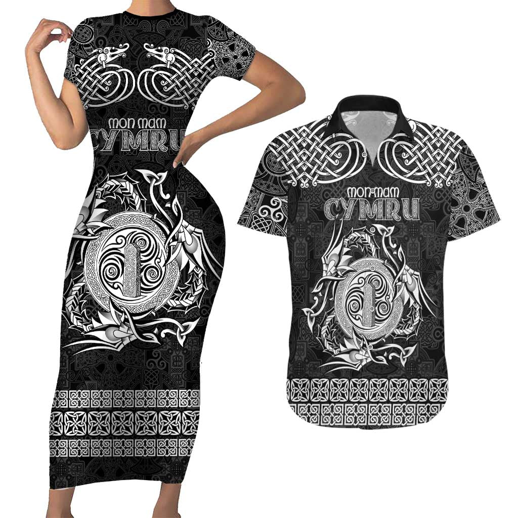 Personalized Anglesey Ynys Mon Couples Matching Short Sleeve Bodycon Dress and Hawaiian Shirt Black Standing Stone Celtic-inspired - Wonder Print Shop