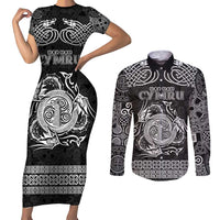 Personalized Anglesey Ynys Mon Couples Matching Short Sleeve Bodycon Dress and Long Sleeve Button Shirt Black Standing Stone Celtic-inspired - Wonder Print Shop