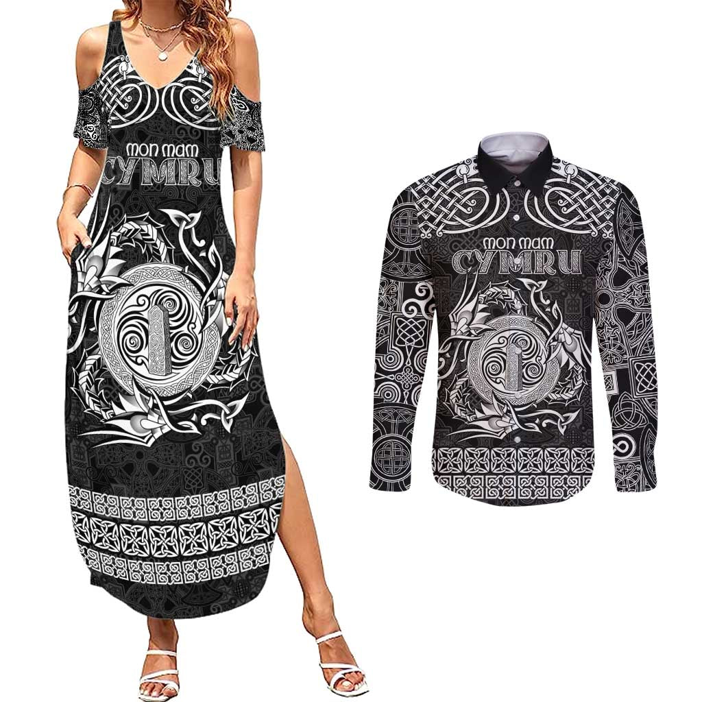 Personalized Anglesey Ynys Mon Couples Matching Summer Maxi Dress and Long Sleeve Button Shirt Black Standing Stone Celtic-inspired - Wonder Print Shop