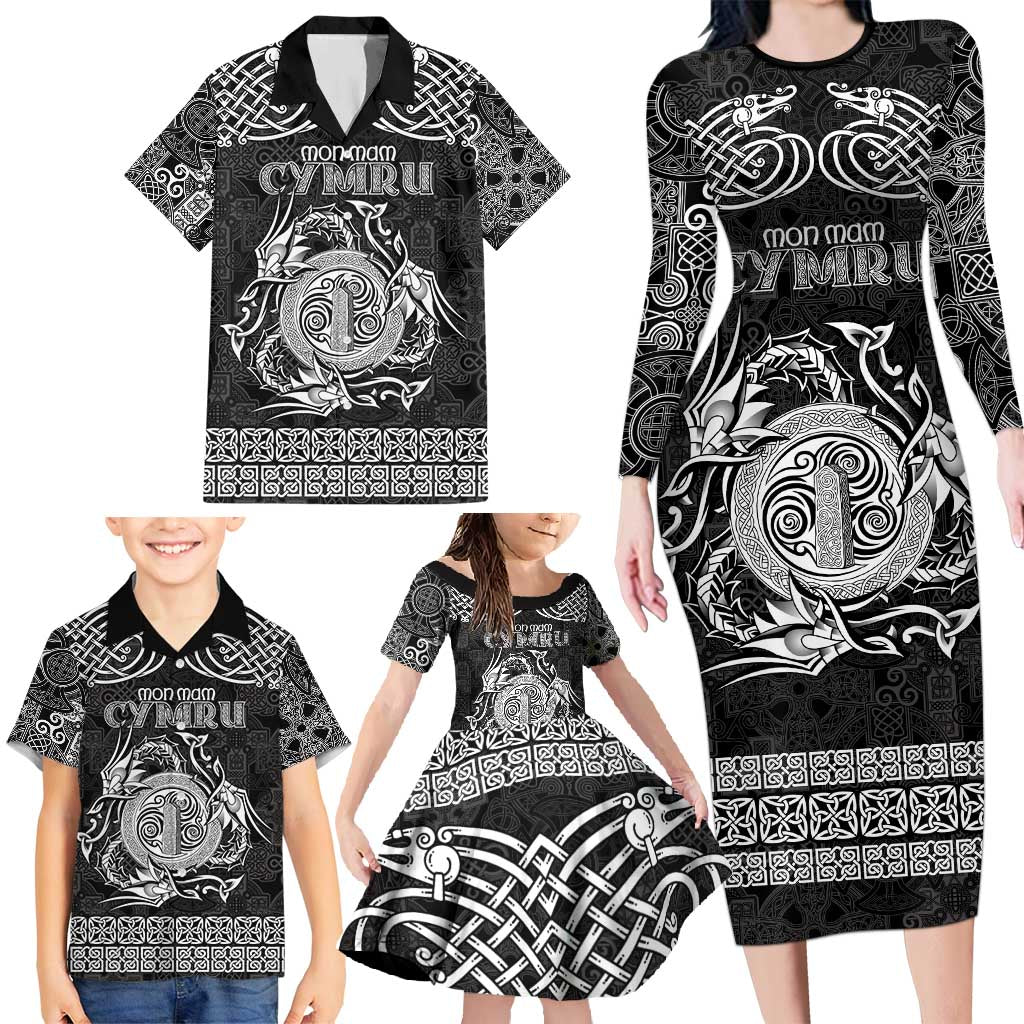 Personalized Anglesey Ynys Mon Family Matching Long Sleeve Bodycon Dress and Hawaiian Shirt Black Standing Stone Celtic-inspired - Wonder Print Shop