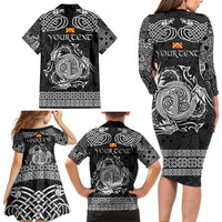 Personalized Anglesey Ynys Mon Family Matching Long Sleeve Bodycon Dress and Hawaiian Shirt Black Standing Stone Celtic-inspired - Wonder Print Shop