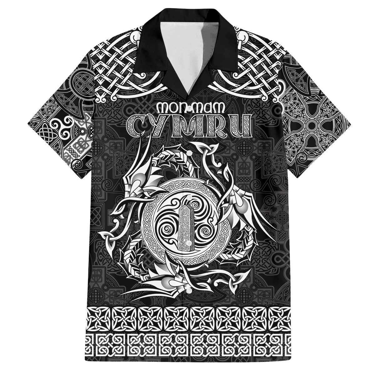 Personalized Anglesey Ynys Mon Family Matching Off The Shoulder Long Sleeve Dress and Hawaiian Shirt Black Standing Stone Celtic-inspired - Wonder Print Shop