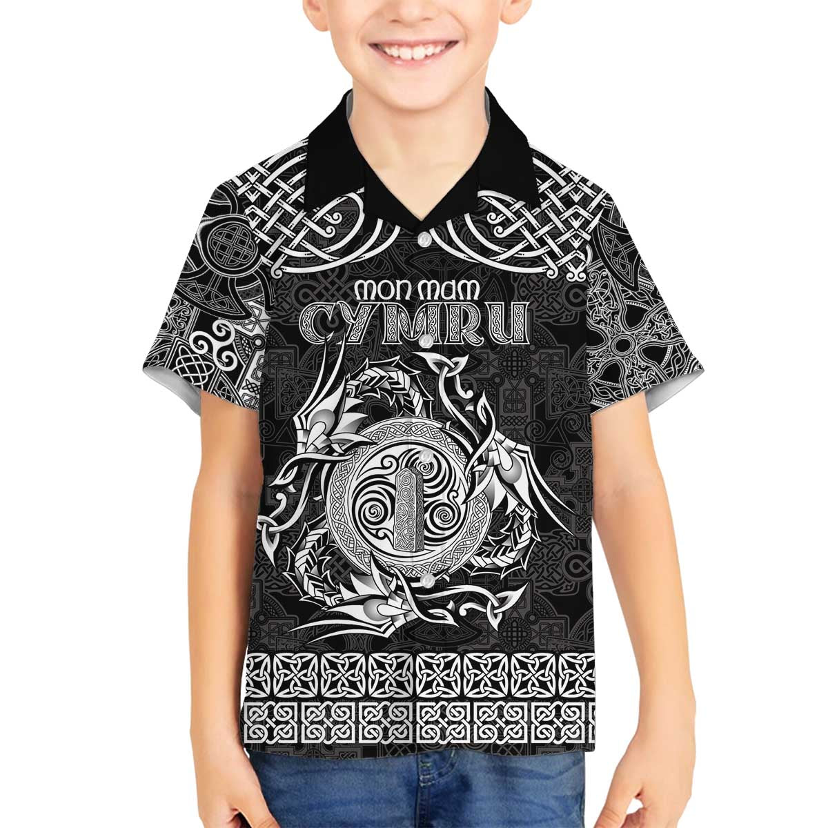 Personalized Anglesey Ynys Mon Family Matching Off The Shoulder Long Sleeve Dress and Hawaiian Shirt Black Standing Stone Celtic-inspired - Wonder Print Shop
