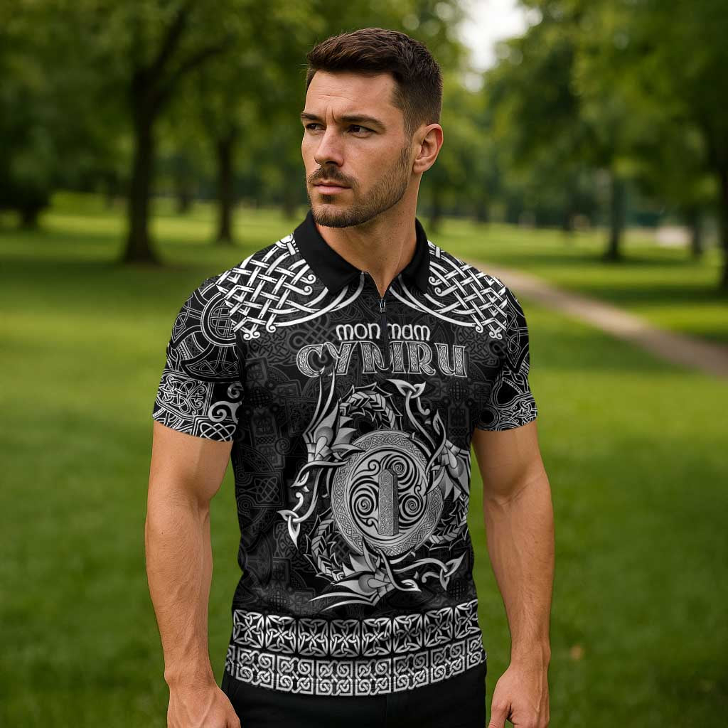 Personalized Anglesey Ynys Mon Zipper Polo Shirt Black Standing Stone Celtic-inspired - Wonder Print Shop