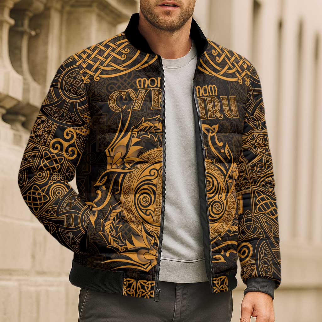 Personalized Anglesey Ynys Mon Bomber Puffer Jacket Gold Standing Stone Celtic-inspired - Wonder Print Shop