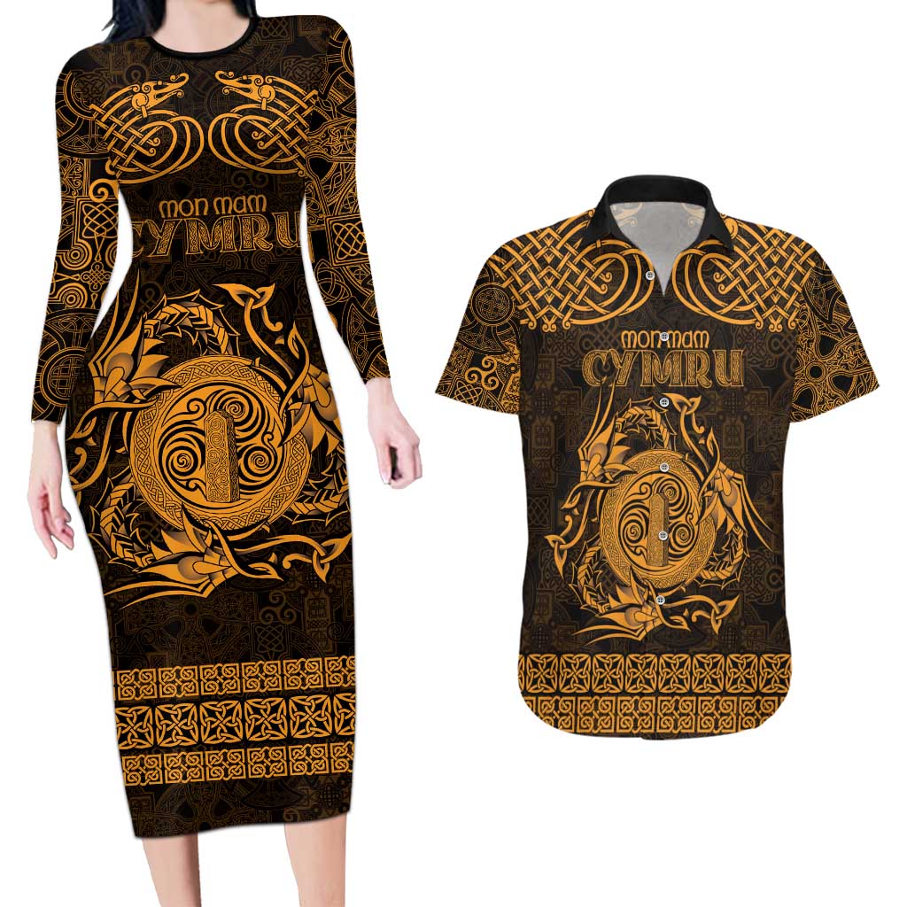Personalized Anglesey Ynys Mon Couples Matching Long Sleeve Bodycon Dress and Hawaiian Shirt Gold Standing Stone Celtic-inspired - Wonder Print Shop