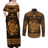 Personalized Anglesey Ynys Mon Couples Matching Off Shoulder Maxi Dress and Long Sleeve Button Shirt Gold Standing Stone Celtic-inspired - Wonder Print Shop