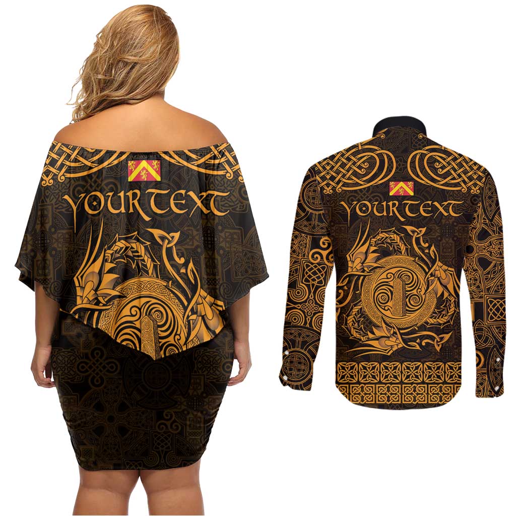 Personalized Anglesey Ynys Mon Couples Matching Off Shoulder Short Dress and Long Sleeve Button Shirt Gold Standing Stone Celtic-inspired - Wonder Print Shop