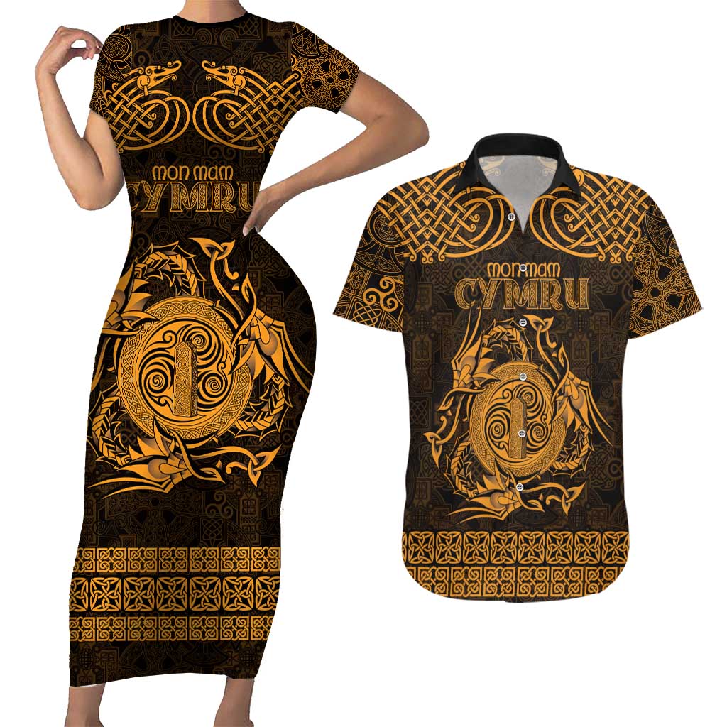 Personalized Anglesey Ynys Mon Couples Matching Short Sleeve Bodycon Dress and Hawaiian Shirt Gold Standing Stone Celtic-inspired - Wonder Print Shop