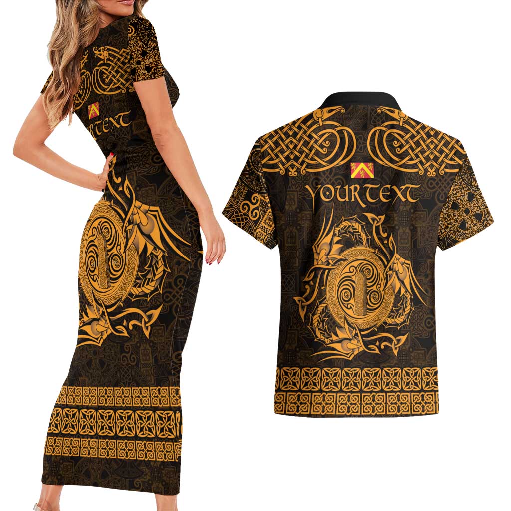 Personalized Anglesey Ynys Mon Couples Matching Short Sleeve Bodycon Dress and Hawaiian Shirt Gold Standing Stone Celtic-inspired - Wonder Print Shop