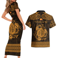 Personalized Anglesey Ynys Mon Couples Matching Short Sleeve Bodycon Dress and Hawaiian Shirt Gold Standing Stone Celtic-inspired - Wonder Print Shop