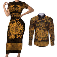 Personalized Anglesey Ynys Mon Couples Matching Short Sleeve Bodycon Dress and Long Sleeve Button Shirt Gold Standing Stone Celtic-inspired - Wonder Print Shop