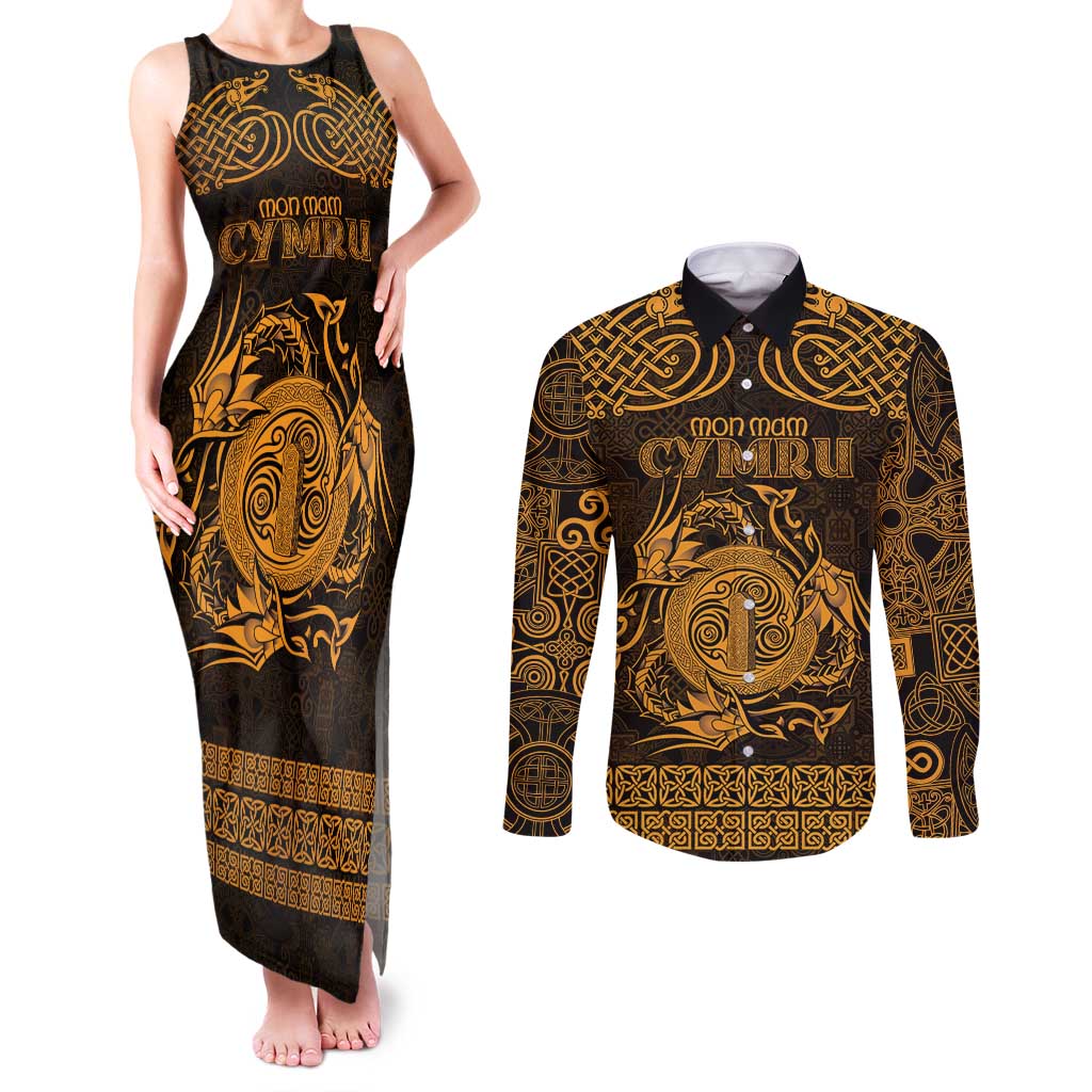 Personalized Anglesey Ynys Mon Couples Matching Tank Maxi Dress and Long Sleeve Button Shirt Gold Standing Stone Celtic-inspired - Wonder Print Shop