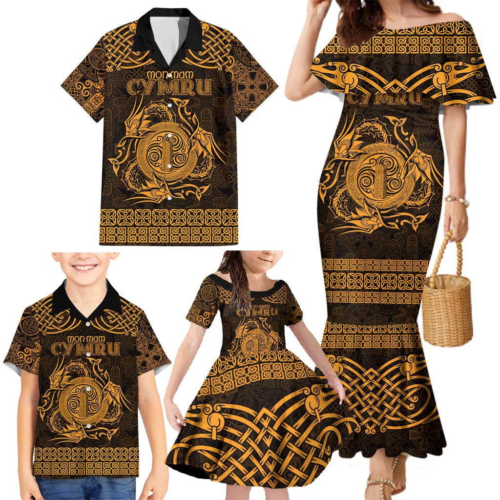 Personalized Anglesey Ynys Mon Family Matching Mermaid Dress and Hawaiian Shirt Gold Standing Stone Celtic-inspired - Wonder Print Shop
