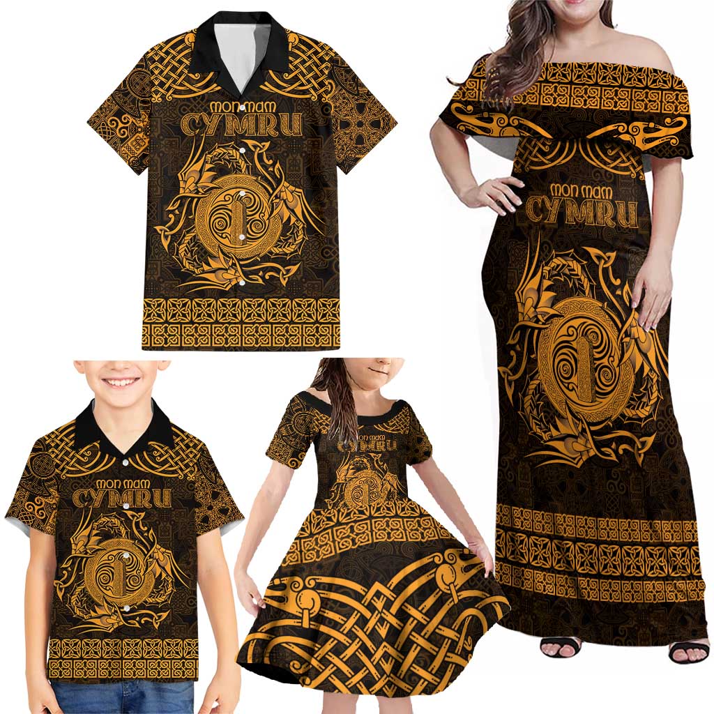 Personalized Anglesey Ynys Mon Family Matching Off Shoulder Maxi Dress and Hawaiian Shirt Gold Standing Stone Celtic-inspired - Wonder Print Shop