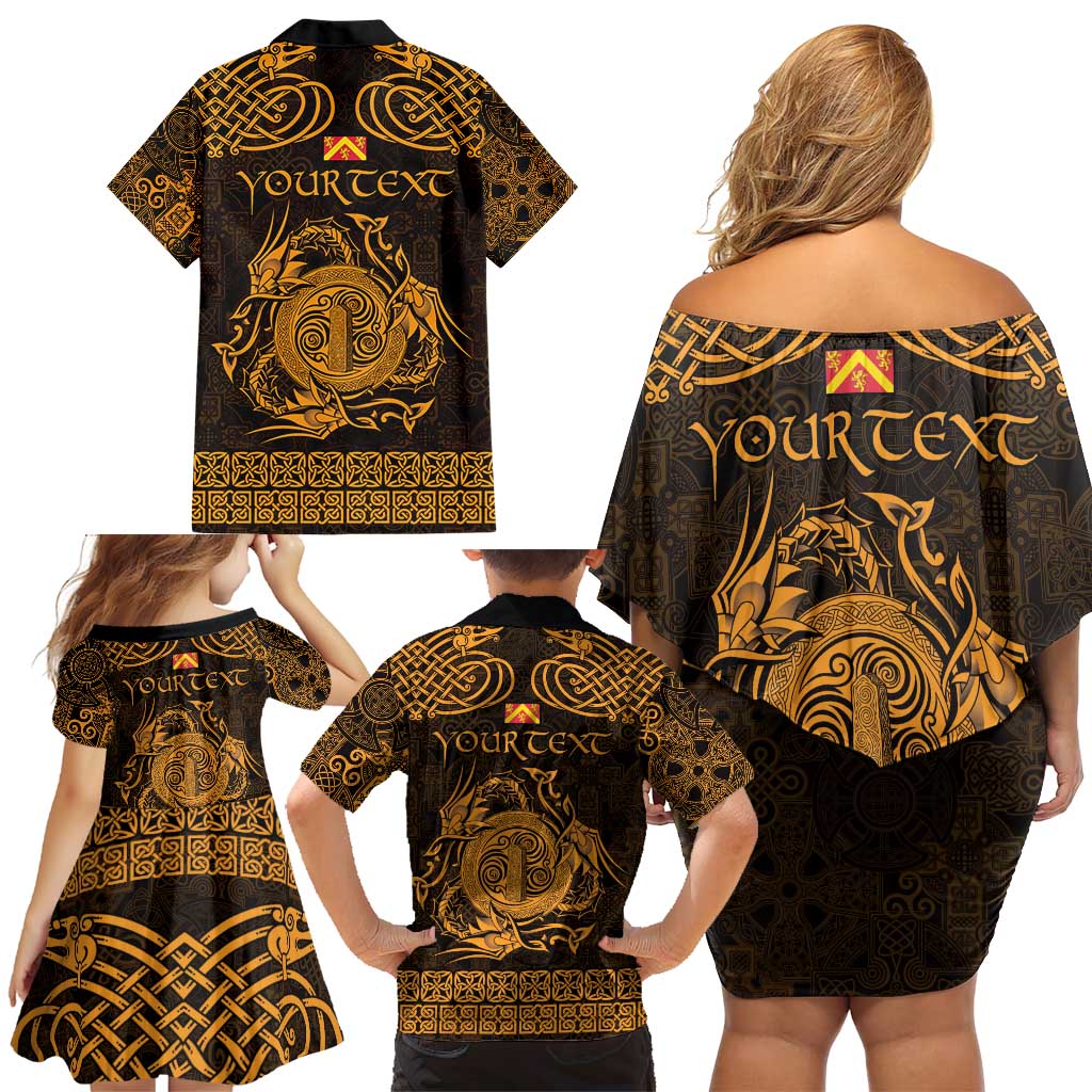 Personalized Anglesey Ynys Mon Family Matching Off Shoulder Short Dress and Hawaiian Shirt Gold Standing Stone Celtic-inspired - Wonder Print Shop