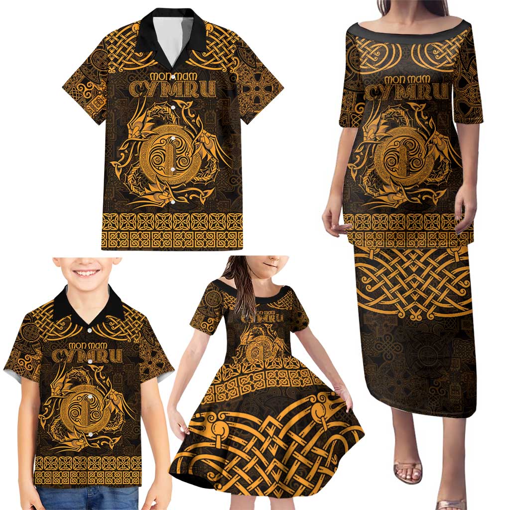 Personalized Anglesey Ynys Mon Family Matching Puletasi and Hawaiian Shirt Gold Standing Stone Celtic-inspired - Wonder Print Shop