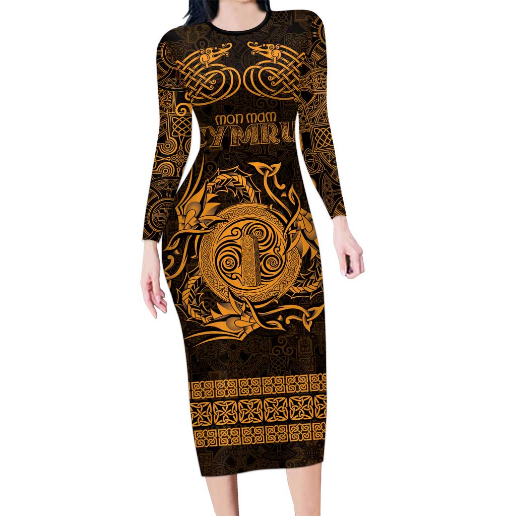 Personalized Anglesey Ynys Mon Long Sleeve Bodycon Dress Gold Standing Stone Celtic-inspired - Wonder Print Shop