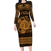 Personalized Anglesey Ynys Mon Long Sleeve Bodycon Dress Gold Standing Stone Celtic-inspired - Wonder Print Shop