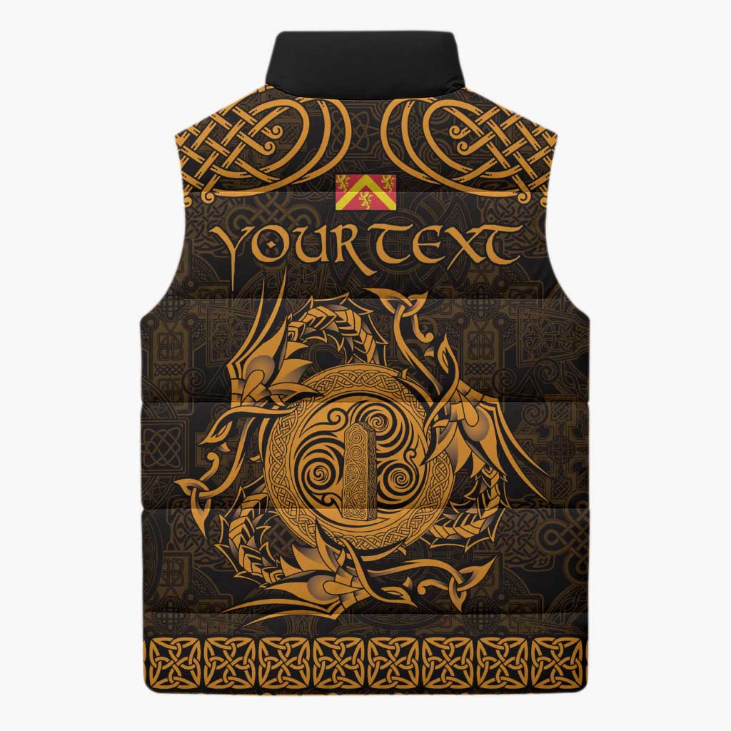 Personalized Anglesey Ynys Mon Sleeveless Puffer Jacket Gold Standing Stone Celtic-inspired - Wonder Print Shop