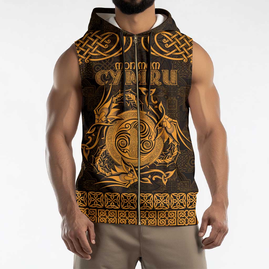 Personalized Anglesey Ynys Mon Sleeveless Zip Hoodie Gold Standing Stone Celtic-inspired - Wonder Print Shop