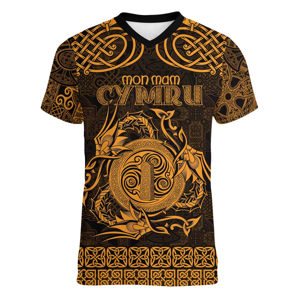 Personalized Anglesey Ynys Mon Women V-Neck T-Shirt Gold Standing Stone Celtic-inspired - Wonder Print Shop