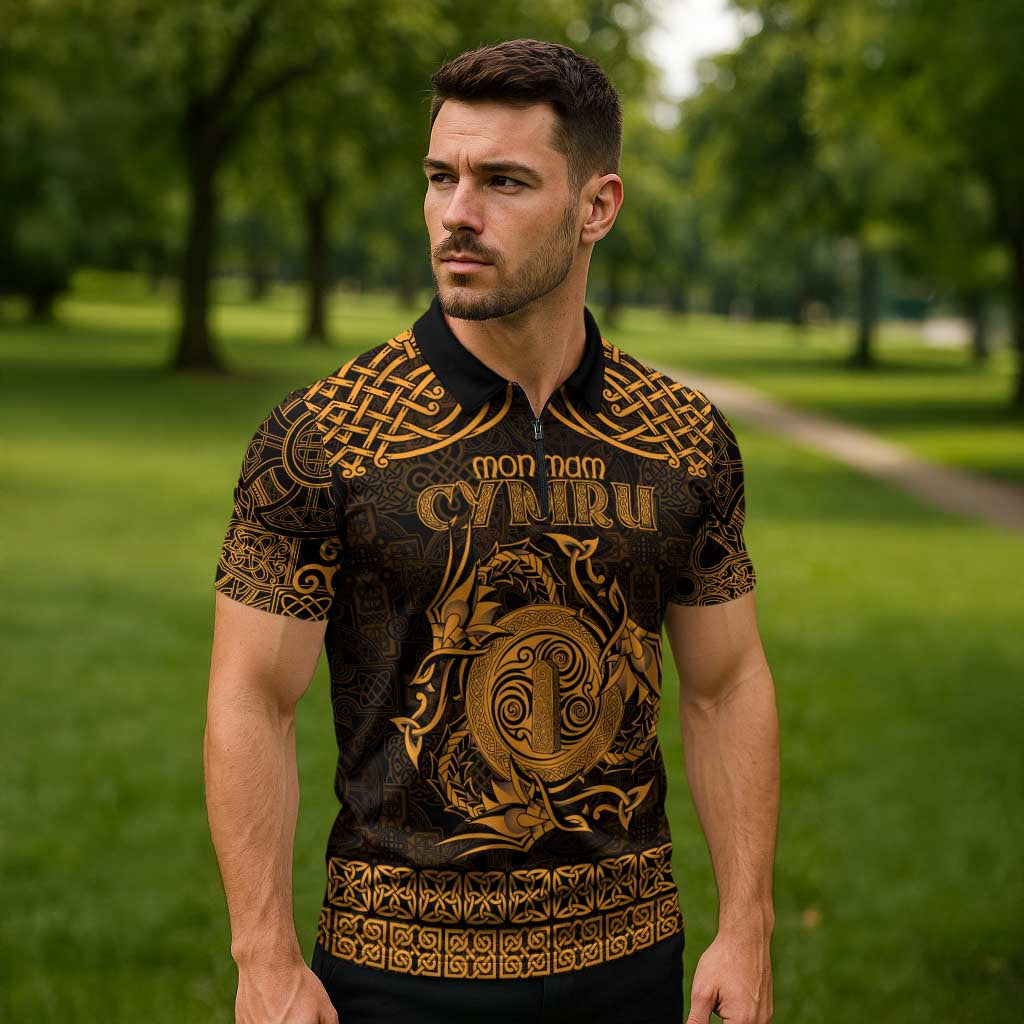 Personalized Anglesey Ynys Mon Zipper Polo Shirt Gold Standing Stone Celtic-inspired - Wonder Print Shop