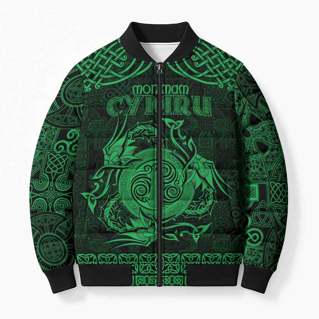 Personalized Anglesey Ynys Mon Bomber Puffer Jacket Green Standing Stone Celtic-inspired - Wonder Print Shop