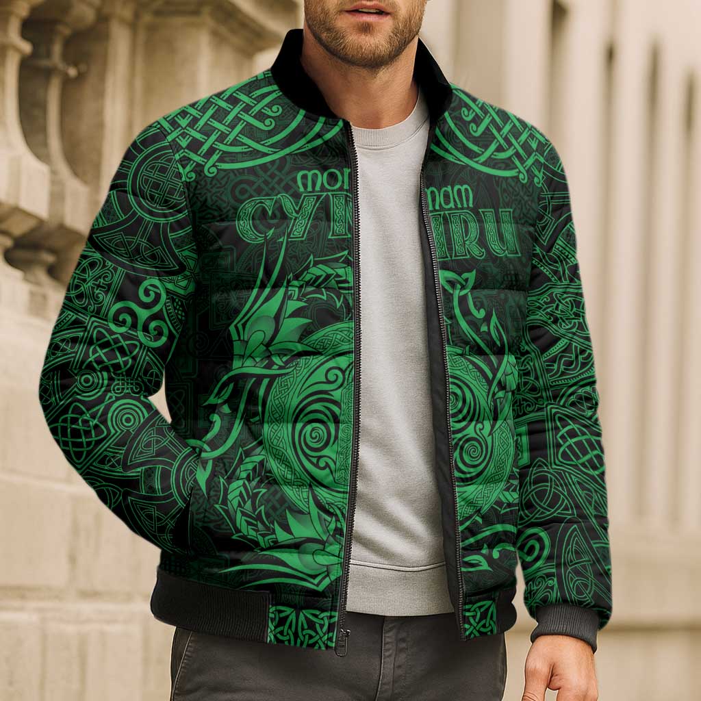 Personalized Anglesey Ynys Mon Bomber Puffer Jacket Green Standing Stone Celtic-inspired - Wonder Print Shop