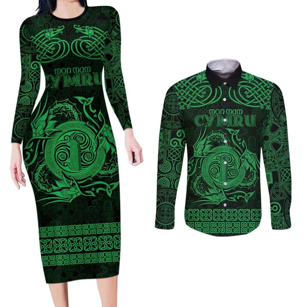 Personalized Anglesey Ynys Mon Couples Matching Long Sleeve Bodycon Dress and Long Sleeve Button Shirt Green Standing Stone Celtic-inspired - Wonder Print Shop