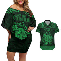 Personalized Anglesey Ynys Mon Couples Matching Off Shoulder Short Dress and Hawaiian Shirt Green Standing Stone Celtic-inspired - Wonder Print Shop