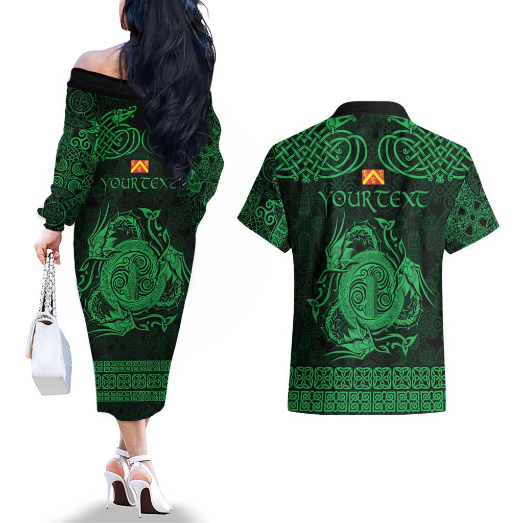 Personalized Anglesey Ynys Mon Couples Matching Off The Shoulder Long Sleeve Dress and Hawaiian Shirt Green Standing Stone Celtic-inspired - Wonder Print Shop