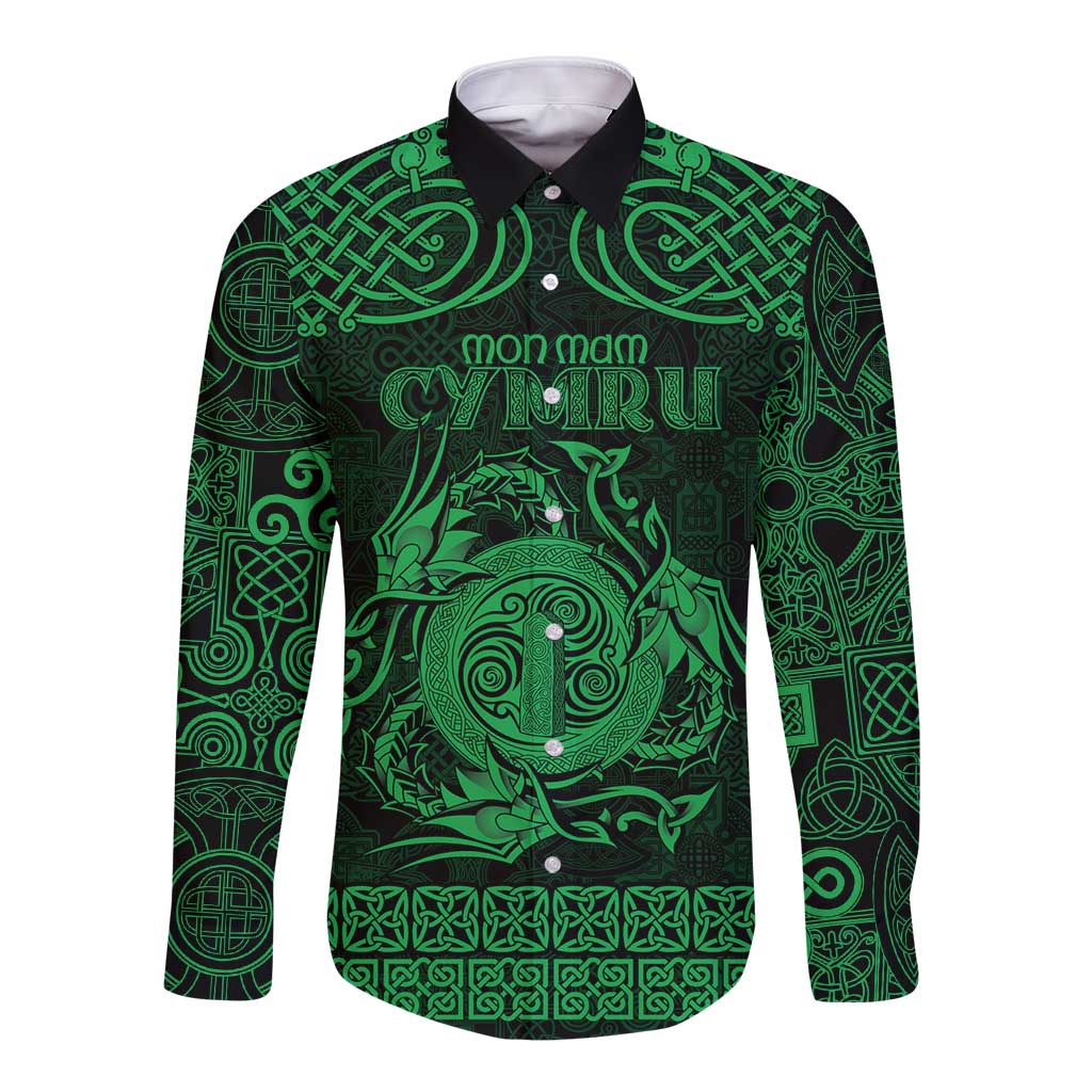 Personalized Anglesey Ynys Mon Long Sleeve Button Shirt Green Standing Stone Celtic-inspired - Wonder Print Shop