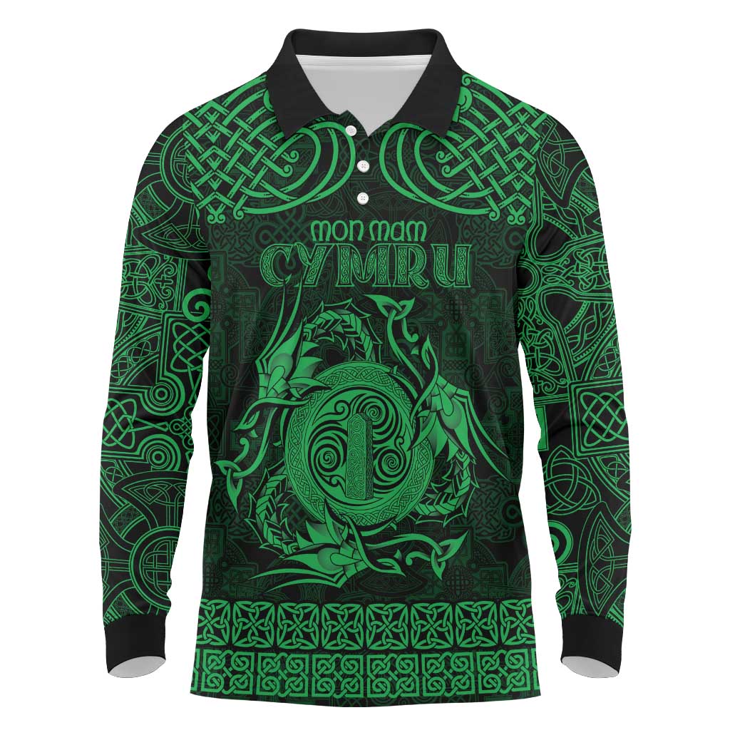 Personalized Anglesey Ynys Mon Long Sleeve Polo Shirt Green Standing Stone Celtic-inspired - Wonder Print Shop