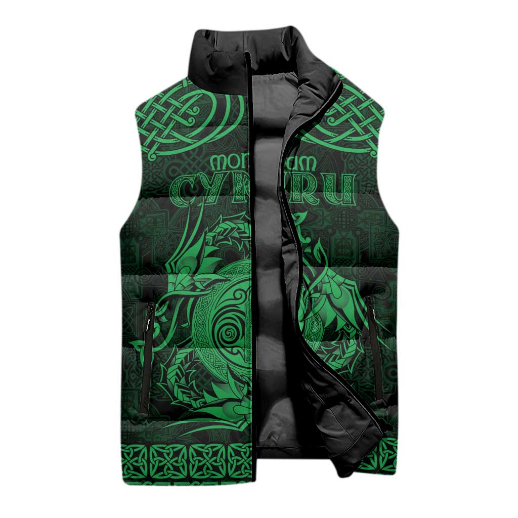 Personalized Anglesey Ynys Mon Sleeveless Puffer Jacket Green Standing Stone Celtic-inspired - Wonder Print Shop