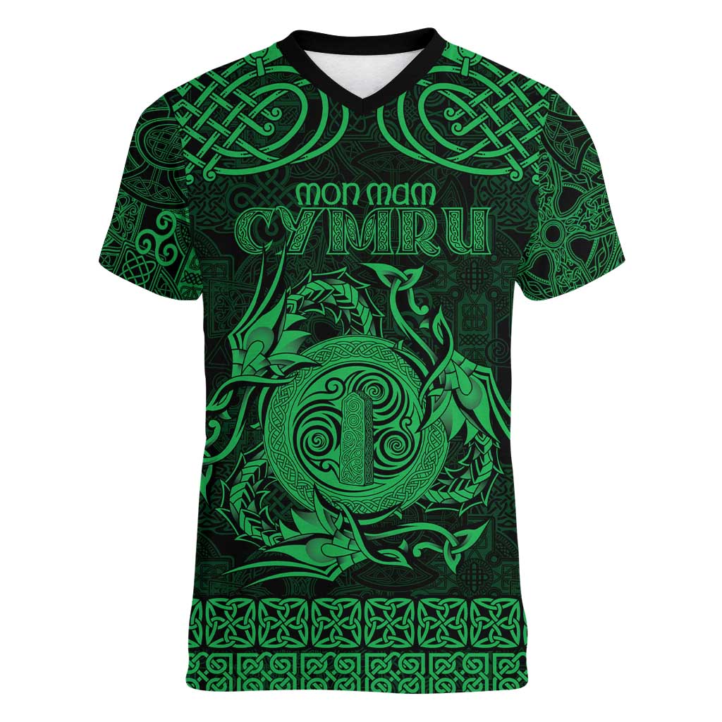 Personalized Anglesey Ynys Mon Women V-Neck T-Shirt Green Standing Stone Celtic-inspired - Wonder Print Shop