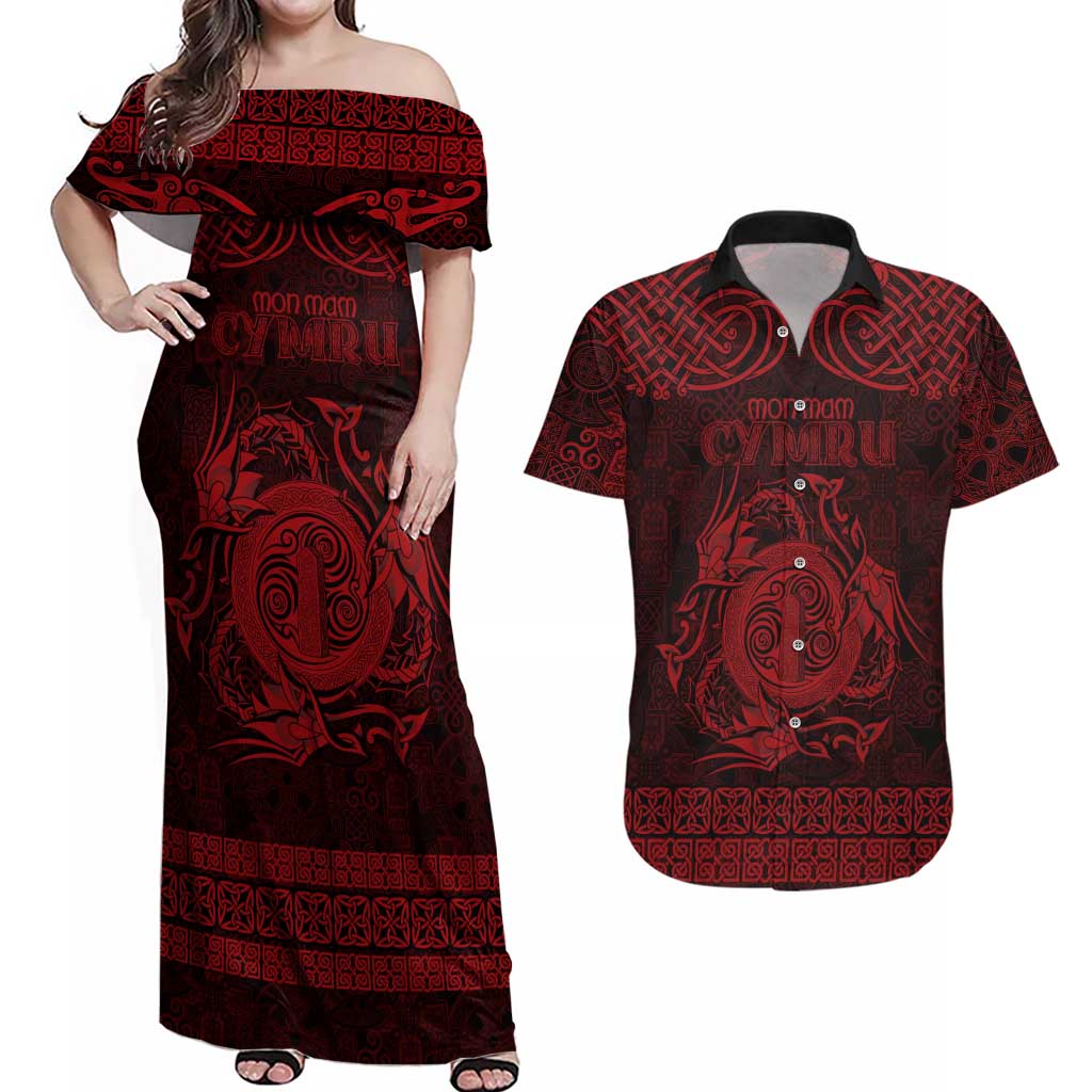 Personalized Anglesey Ynys Mon Couples Matching Off Shoulder Maxi Dress and Hawaiian Shirt Red Standing Stone Celtic-inspired - Wonder Print Shop