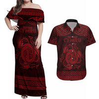 Personalized Anglesey Ynys Mon Couples Matching Off Shoulder Maxi Dress and Hawaiian Shirt Red Standing Stone Celtic-inspired - Wonder Print Shop