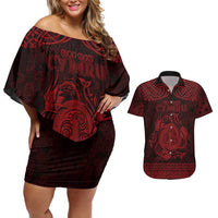 Personalized Anglesey Ynys Mon Couples Matching Off Shoulder Short Dress and Hawaiian Shirt Red Standing Stone Celtic-inspired - Wonder Print Shop