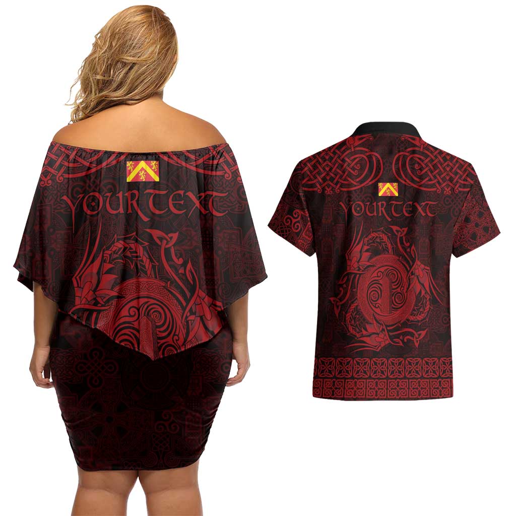 Personalized Anglesey Ynys Mon Couples Matching Off Shoulder Short Dress and Hawaiian Shirt Red Standing Stone Celtic-inspired - Wonder Print Shop