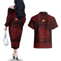 Personalized Anglesey Ynys Mon Couples Matching Off The Shoulder Long Sleeve Dress and Hawaiian Shirt Red Standing Stone Celtic-inspired - Wonder Print Shop