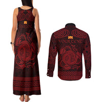 Personalized Anglesey Ynys Mon Couples Matching Tank Maxi Dress and Long Sleeve Button Shirt Red Standing Stone Celtic-inspired - Wonder Print Shop