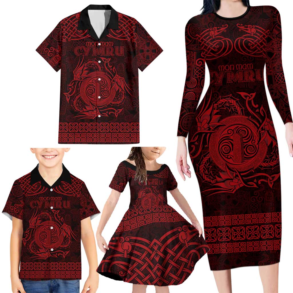 Personalized Anglesey Ynys Mon Family Matching Long Sleeve Bodycon Dress and Hawaiian Shirt Red Standing Stone Celtic-inspired - Wonder Print Shop