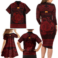 Personalized Anglesey Ynys Mon Family Matching Long Sleeve Bodycon Dress and Hawaiian Shirt Red Standing Stone Celtic-inspired - Wonder Print Shop