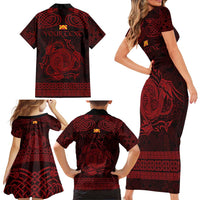 Personalized Anglesey Ynys Mon Family Matching Short Sleeve Bodycon Dress and Hawaiian Shirt Red Standing Stone Celtic-inspired - Wonder Print Shop