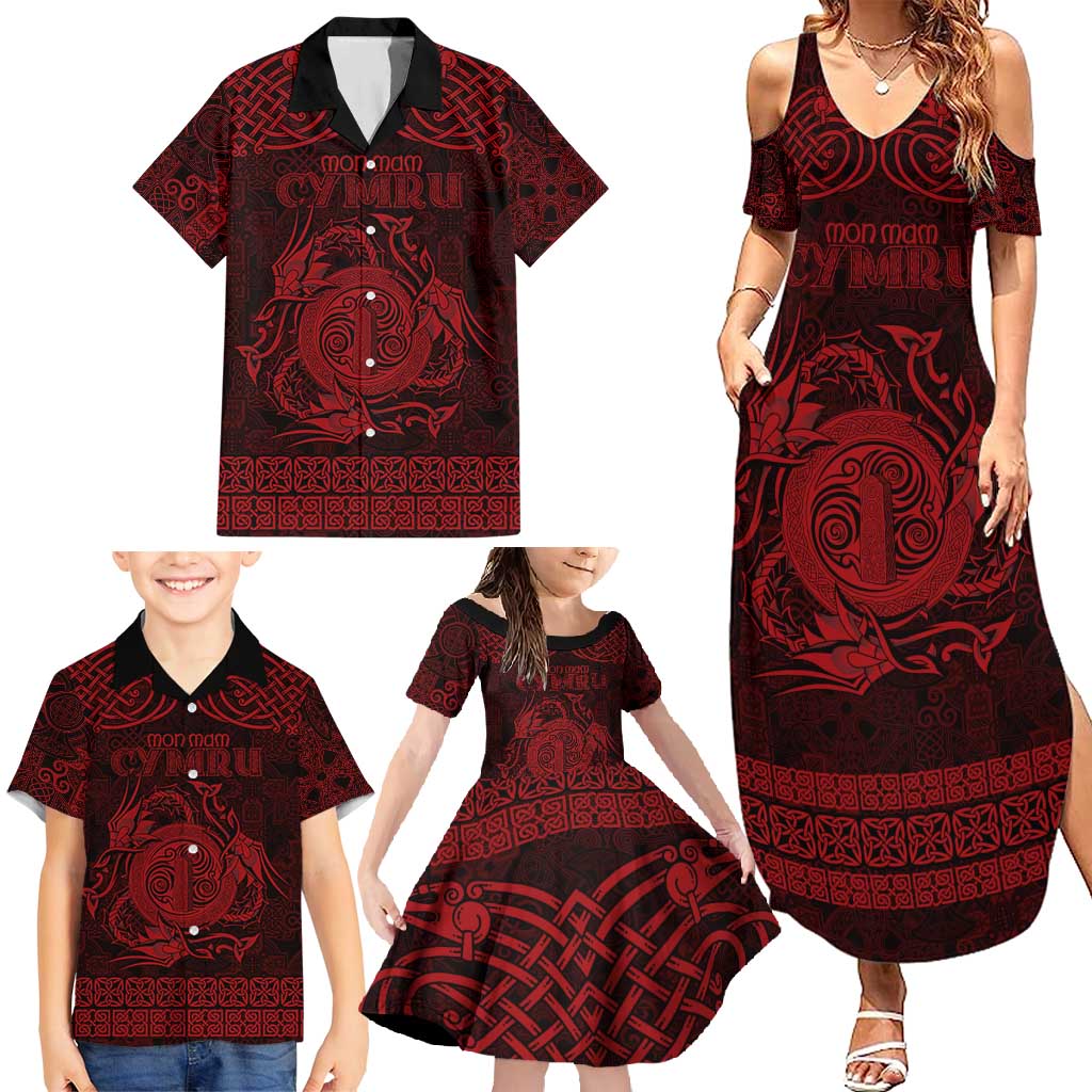 Personalized Anglesey Ynys Mon Family Matching Summer Maxi Dress and Hawaiian Shirt Red Standing Stone Celtic-inspired - Wonder Print Shop