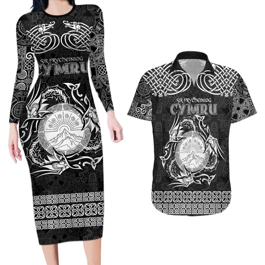 Personalized Brecknockshire Sir Frycheiniog Couples Matching Long Sleeve Bodycon Dress and Hawaiian Shirt Black Brecon Beacons Mountain Celtic-inspired - Wonder Print Shop