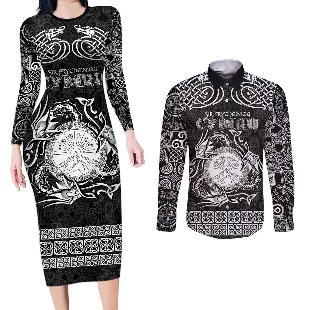 Personalized Brecknockshire Sir Frycheiniog Couples Matching Long Sleeve Bodycon Dress and Long Sleeve Button Shirt Black Brecon Beacons Mountain Celtic-inspired - Wonder Print Shop