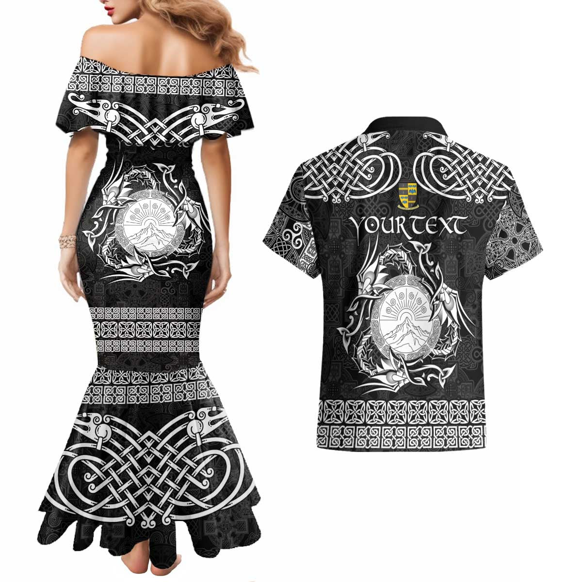 Personalized Brecknockshire Sir Frycheiniog Couples Matching Mermaid Dress and Hawaiian Shirt Black Brecon Beacons Mountain Celtic-inspired - Wonder Print Shop